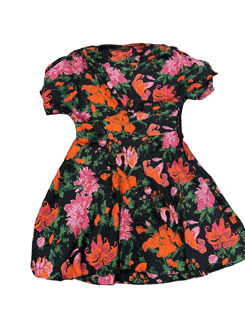 Zara Woman Black Floral Wrap Dress W/Vibrant Pink & Orange Flowers Size M